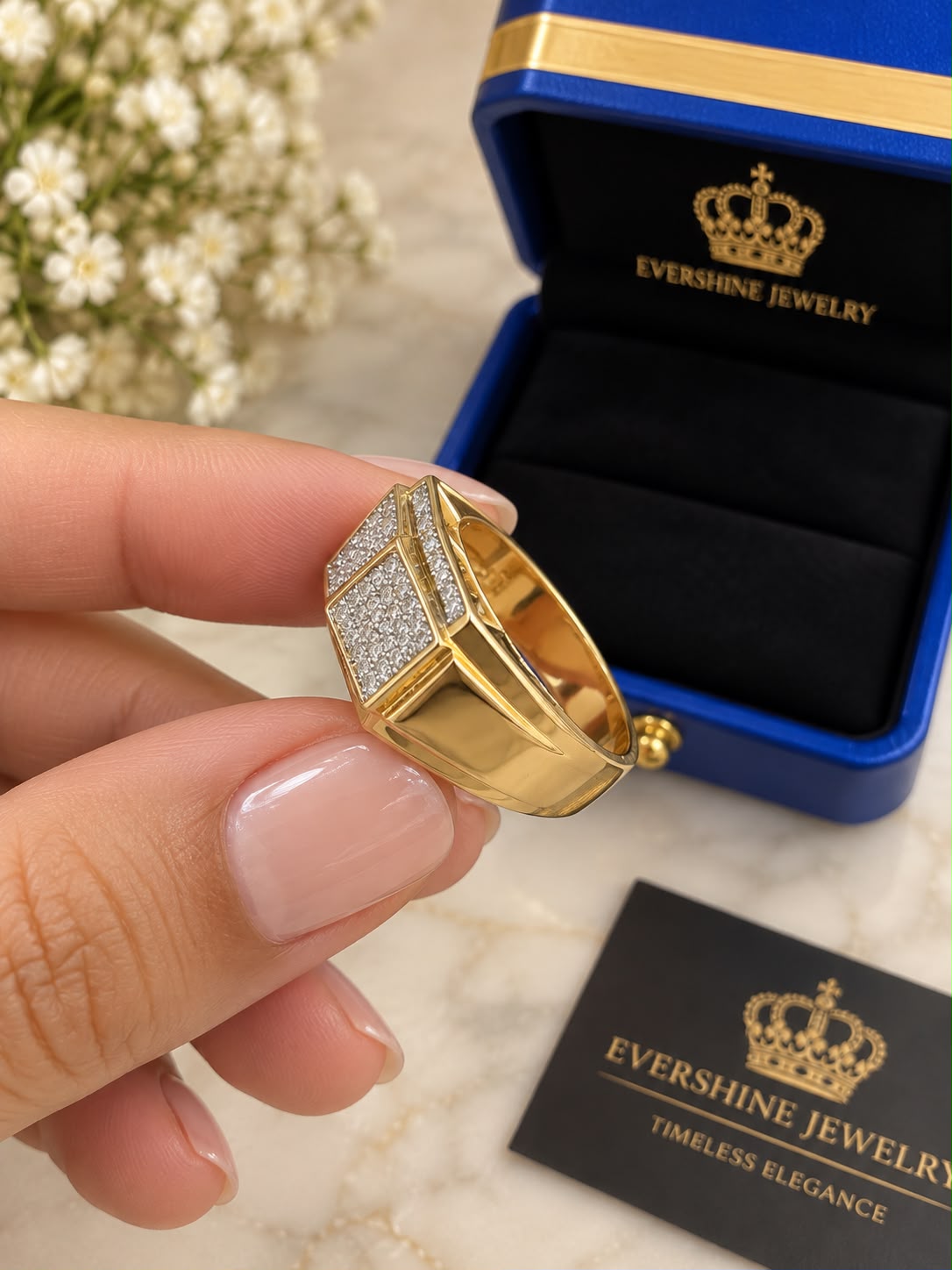 10K Yellow Gold Men’s Natural Diamond Ring Rectangular Statement Ring