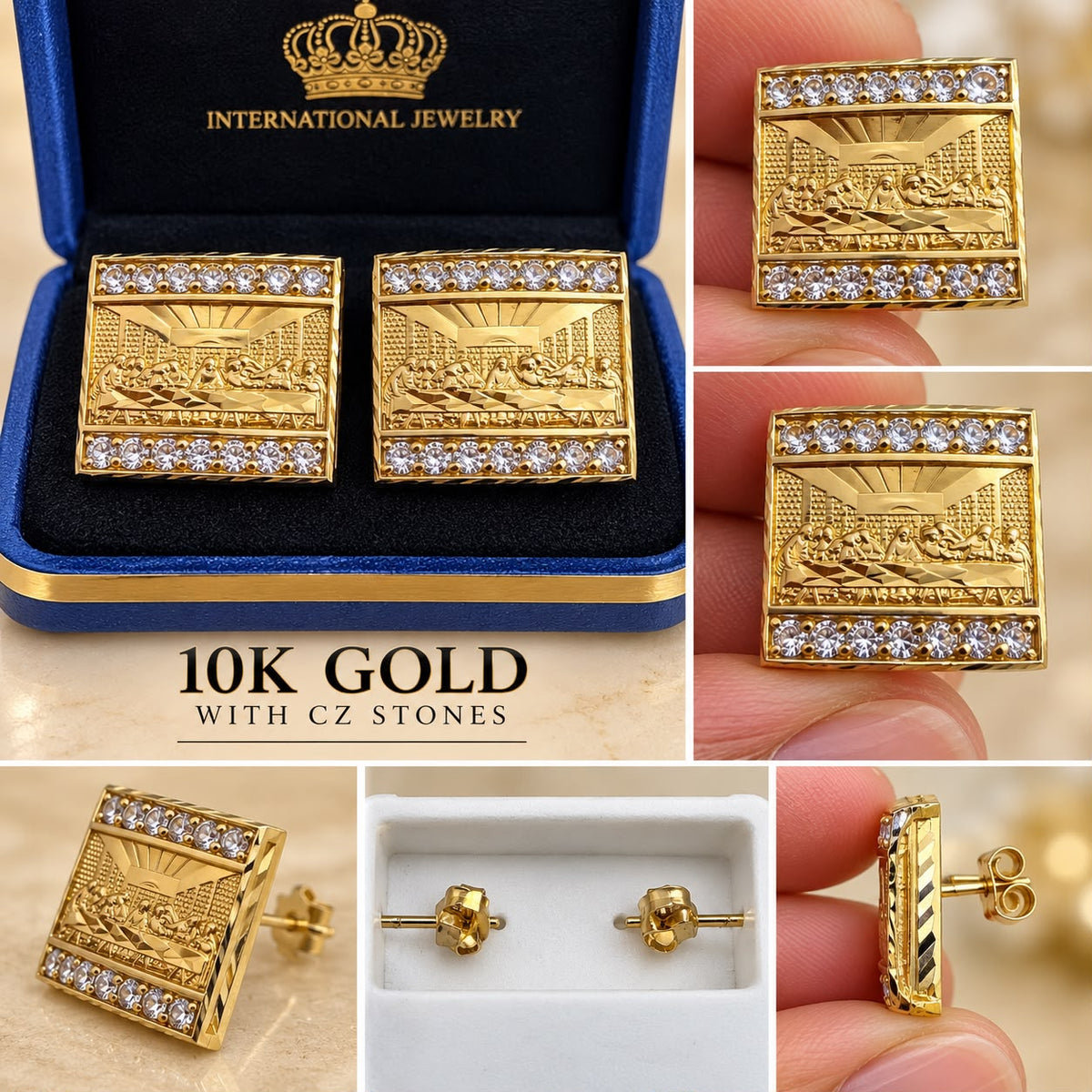 10K Yellow Gold CZ Last Supper Square Stud Earrings Men’s Large Statement