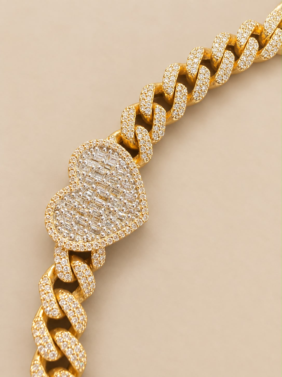 14K Yellow Gold 4 CT Diamond Heart Cuban Link Bracelet 6mm 8”
