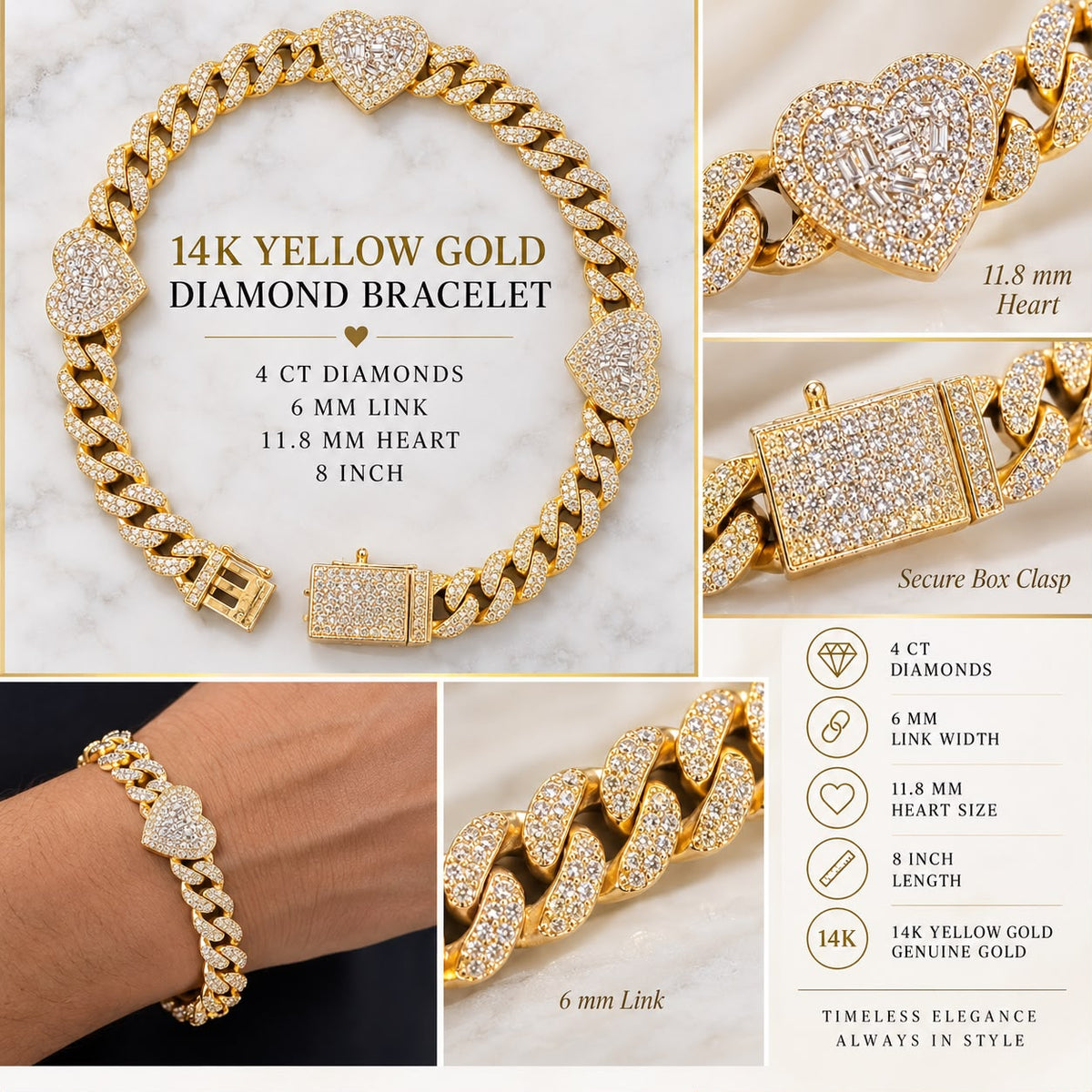 14K Yellow Gold 4 CT Diamond Heart Cuban Link Bracelet 6mm 8”