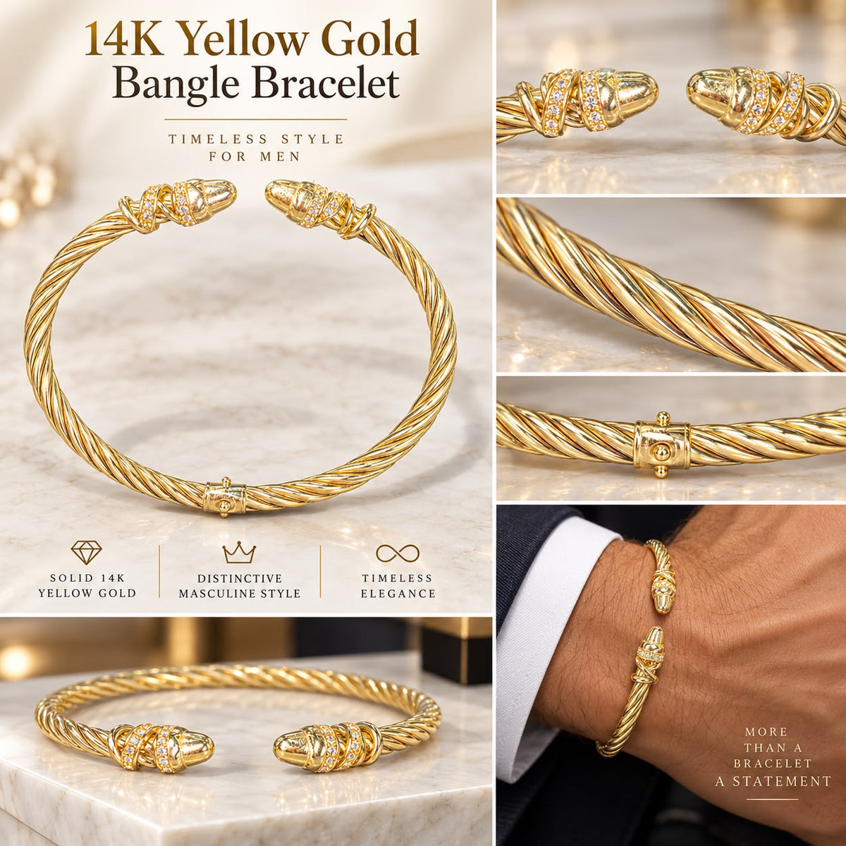 14K Yellow Gold Men’s Cable Cuff Bangle Bracelet CZ Accents 7.7g
