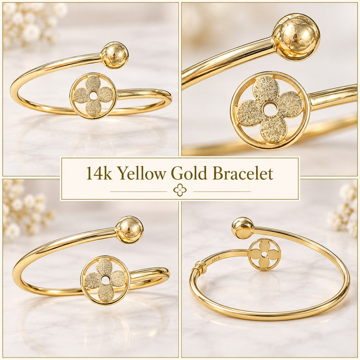 14K Yellow Gold Flower Open Cuff Bangle Bracelet Ball End Women’s