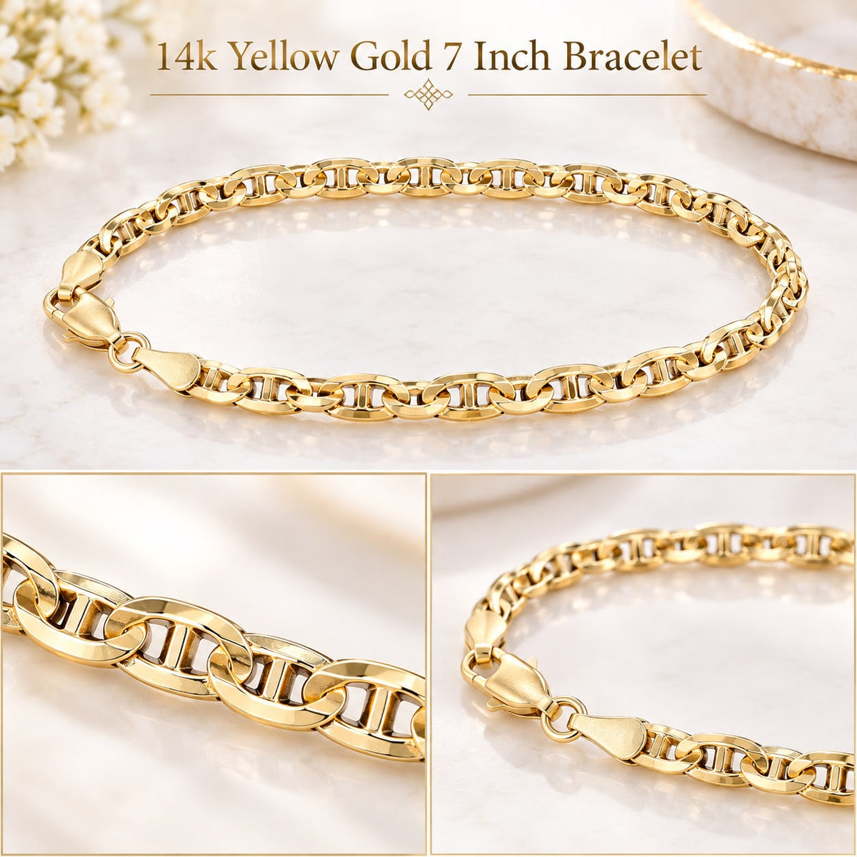 14K Yellow Gold 7” Mariner Link Bracelet Lobster Clasp Fine Jewelry