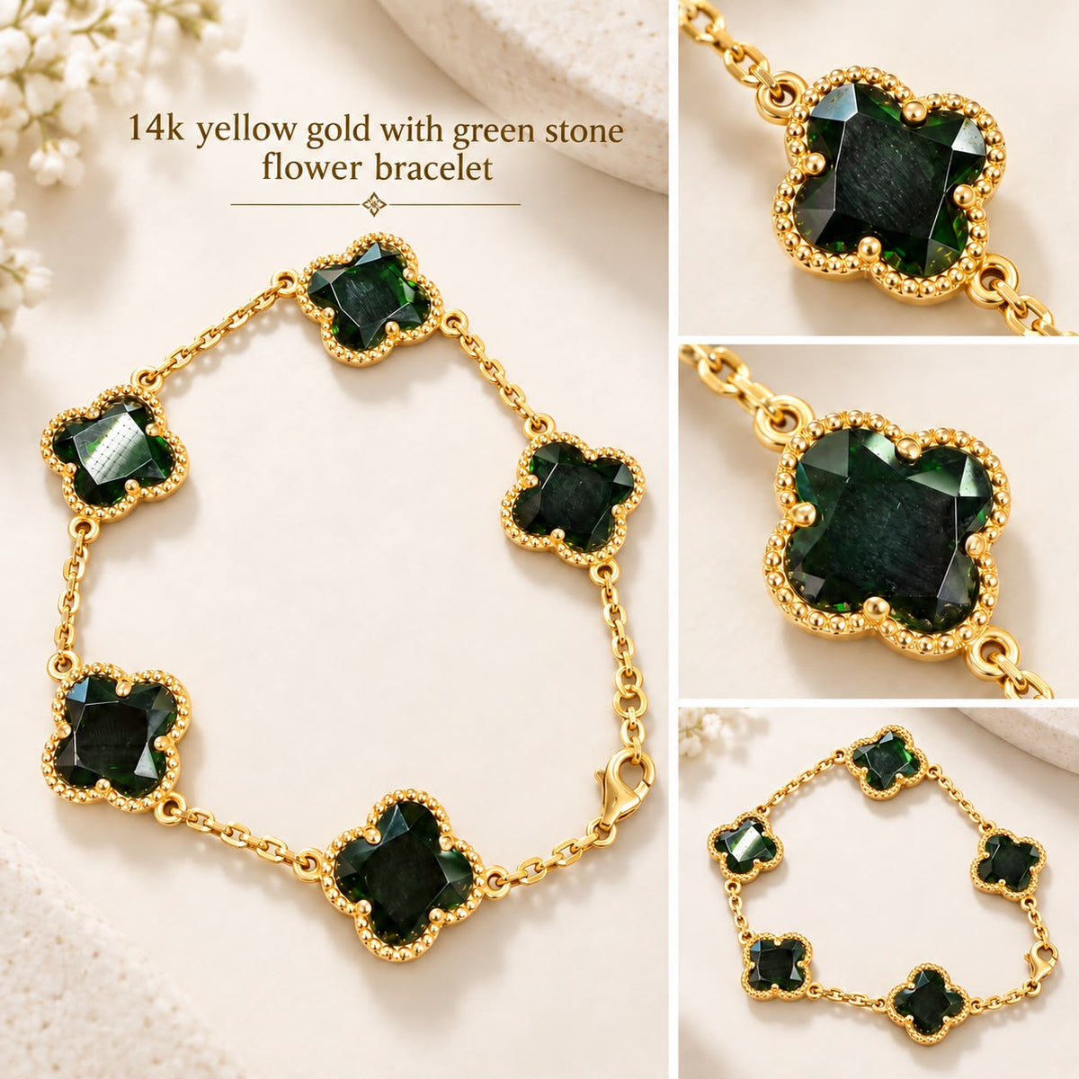 Beautiful 14K Yellow Gold Green Stone Flower Clover Bracelet