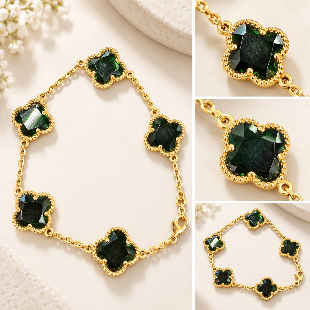 Beautiful 14K Yellow Gold Green Stone Flower Clover Bracelet