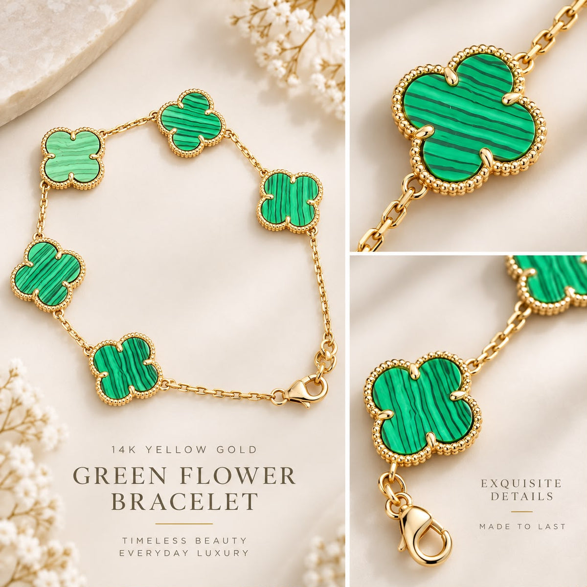 14K Yellow Gold Green Malachite Clover Flower Bracelet 5.66g