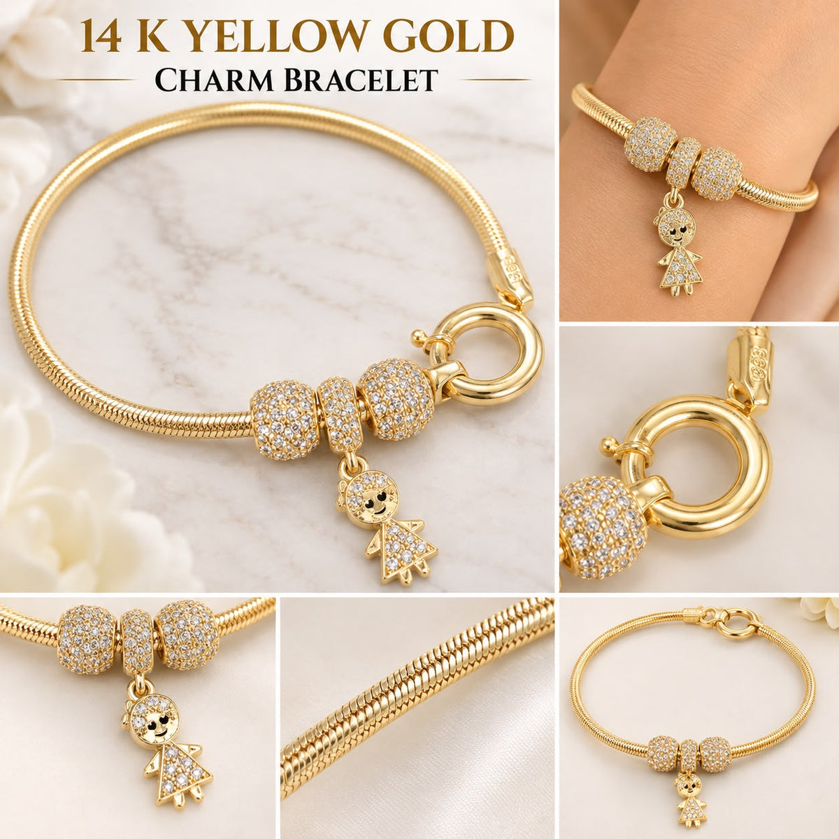 14K Yellow Gold Charm Bracelet CZ Girl Dangle Beads Spring Ring Clasp 5.94g