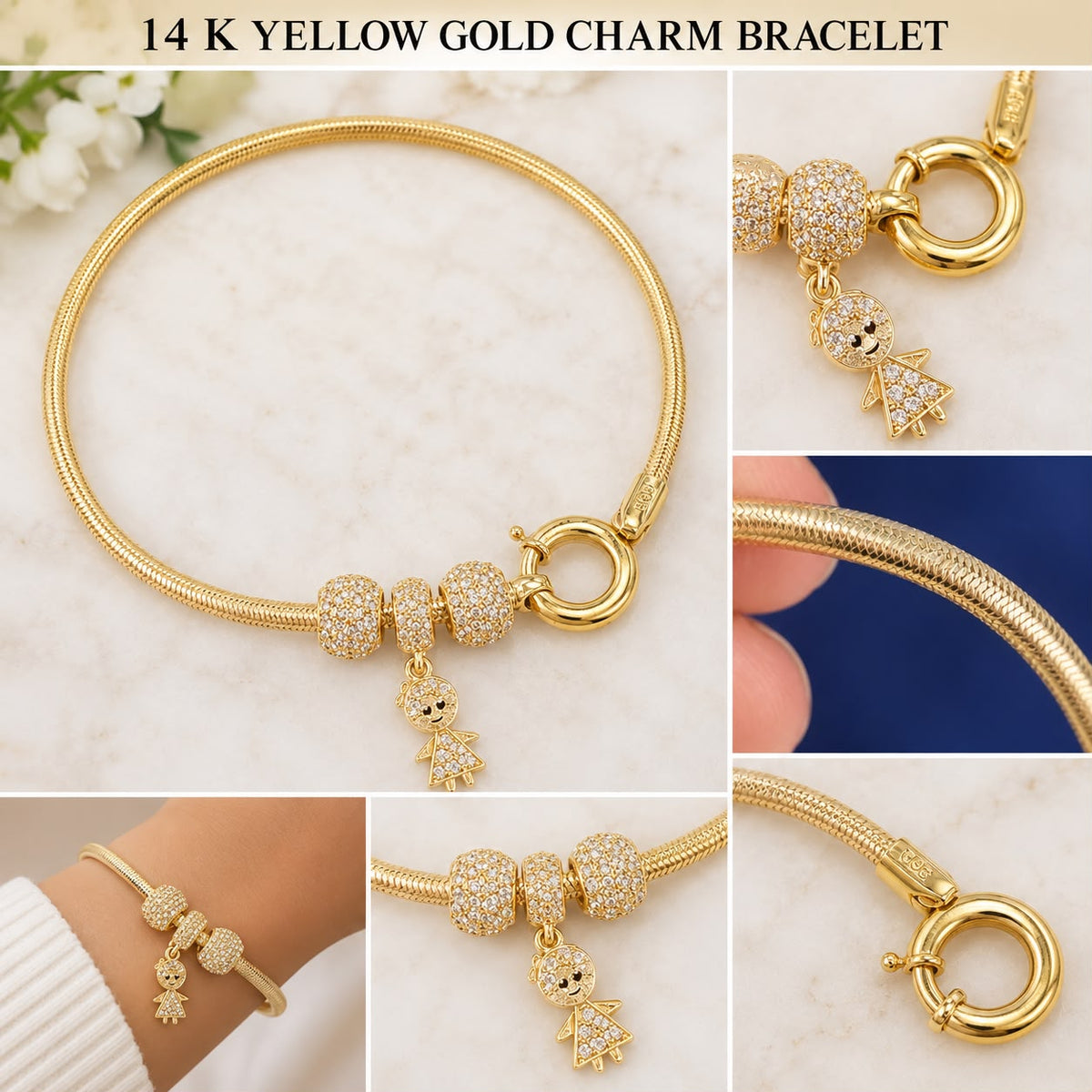 14K Yellow Gold Charm Bracelet CZ Girl Dangle Beads Spring Ring Clasp 5.94g