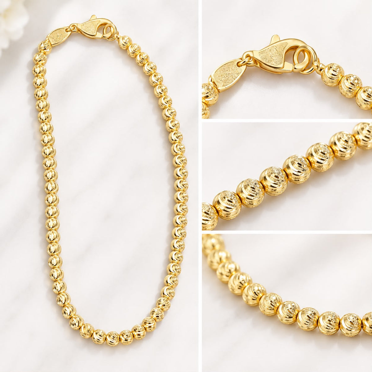 14K Yellow Gold Diamond Cut Bead Ball Bracelet Lobster Clasp 4.24g