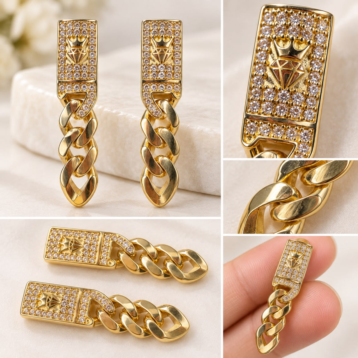 14K Yellow Gold CZ Crown Diamond Design Cuban Link Dangle Earrings 4.73g