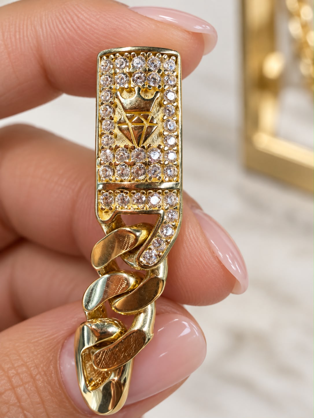 14K Yellow Gold CZ Crown Diamond Design Cuban Link Dangle Earrings 4.73g