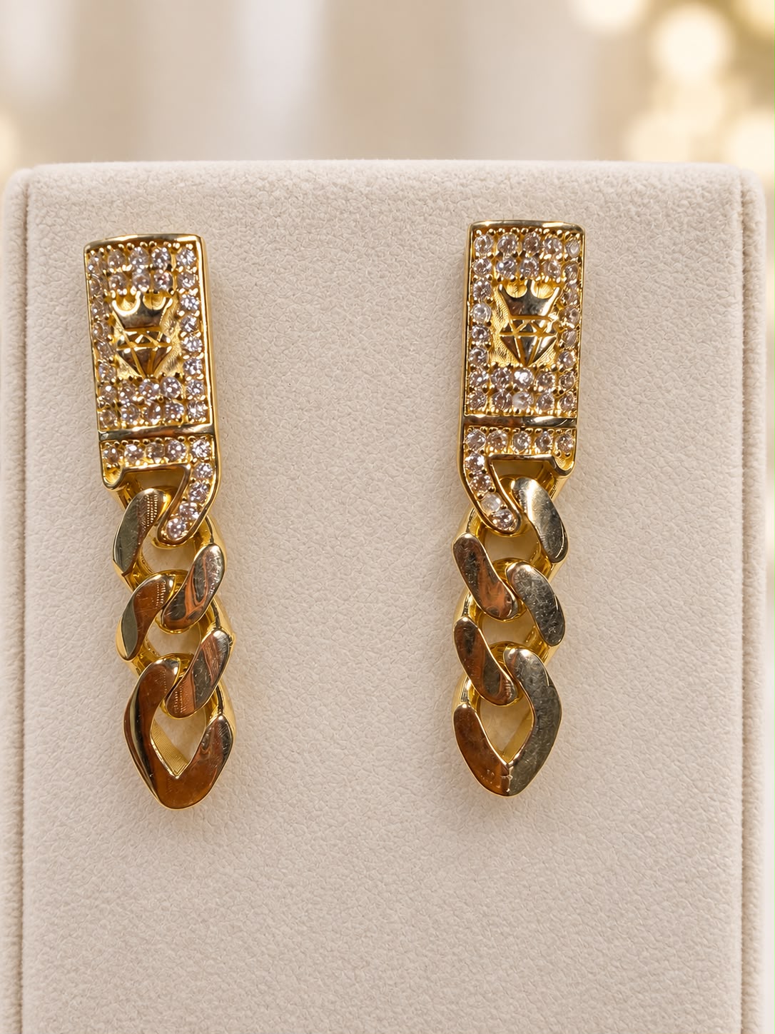 14K Yellow Gold CZ Crown Diamond Design Cuban Link Dangle Earrings 4.73g