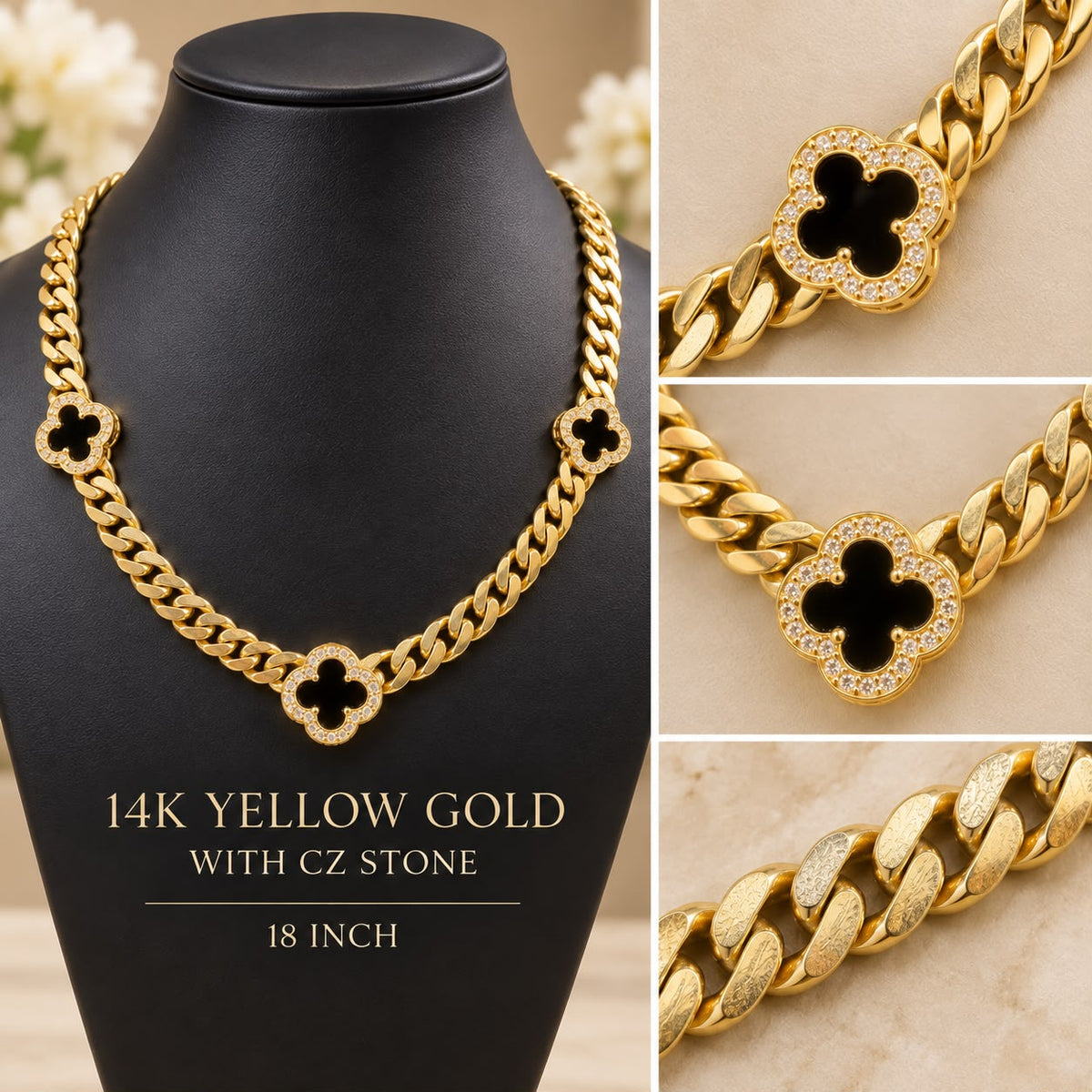 14K Yellow Gold 18” Cuban Link Necklace Black Clover CZ Station Chain