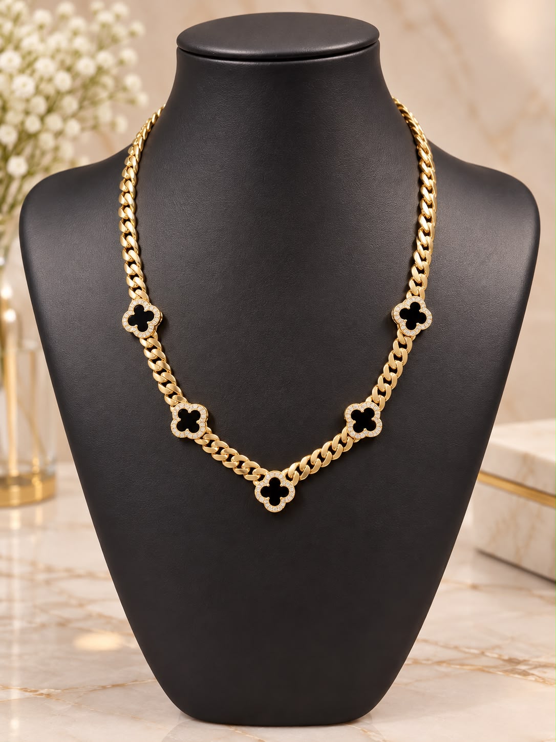 14K Yellow Gold 18” Cuban Link Necklace Black Clover CZ Station Chain