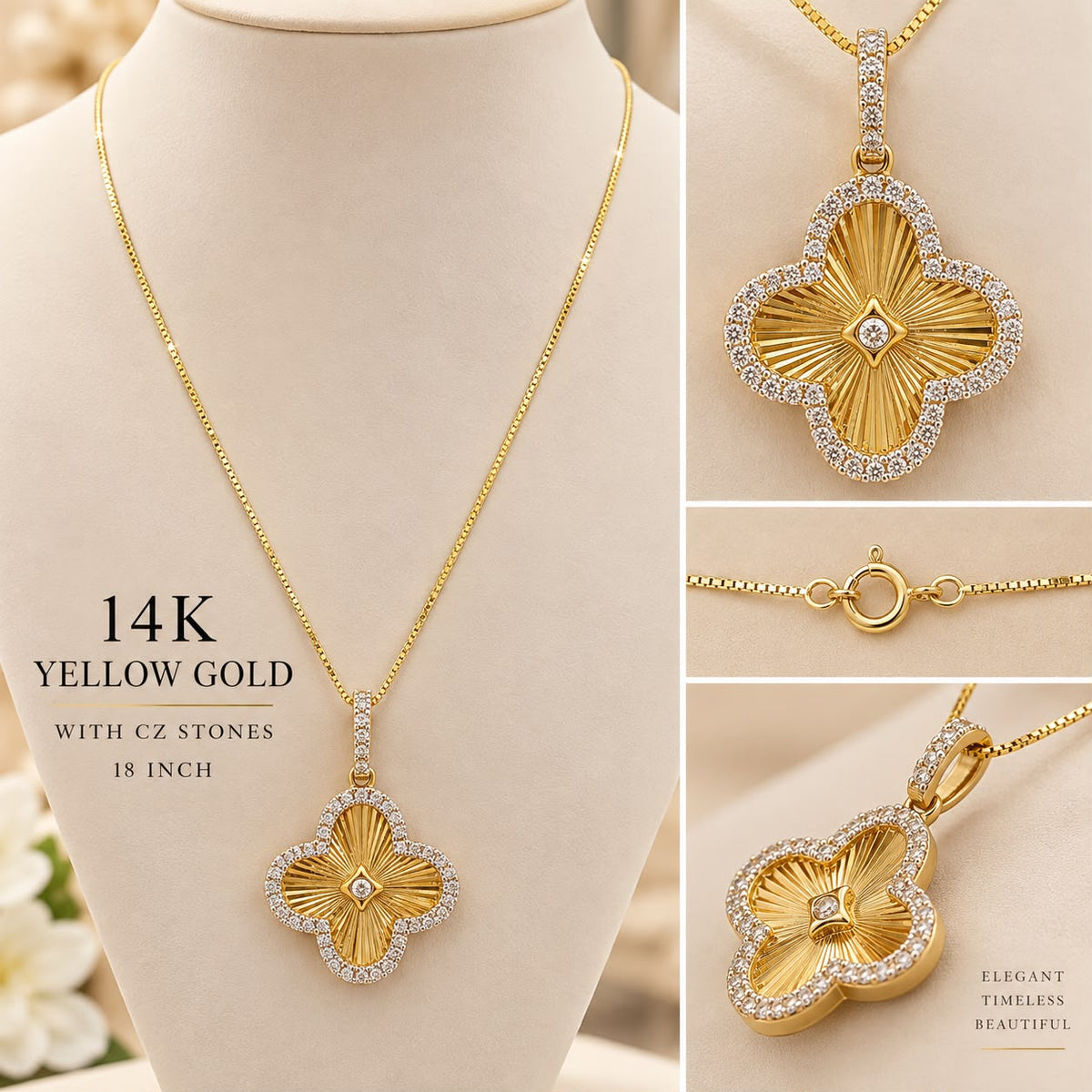 14K Yellow Gold 18” Clover Pendant Necklace with CZ Stones 2.72g