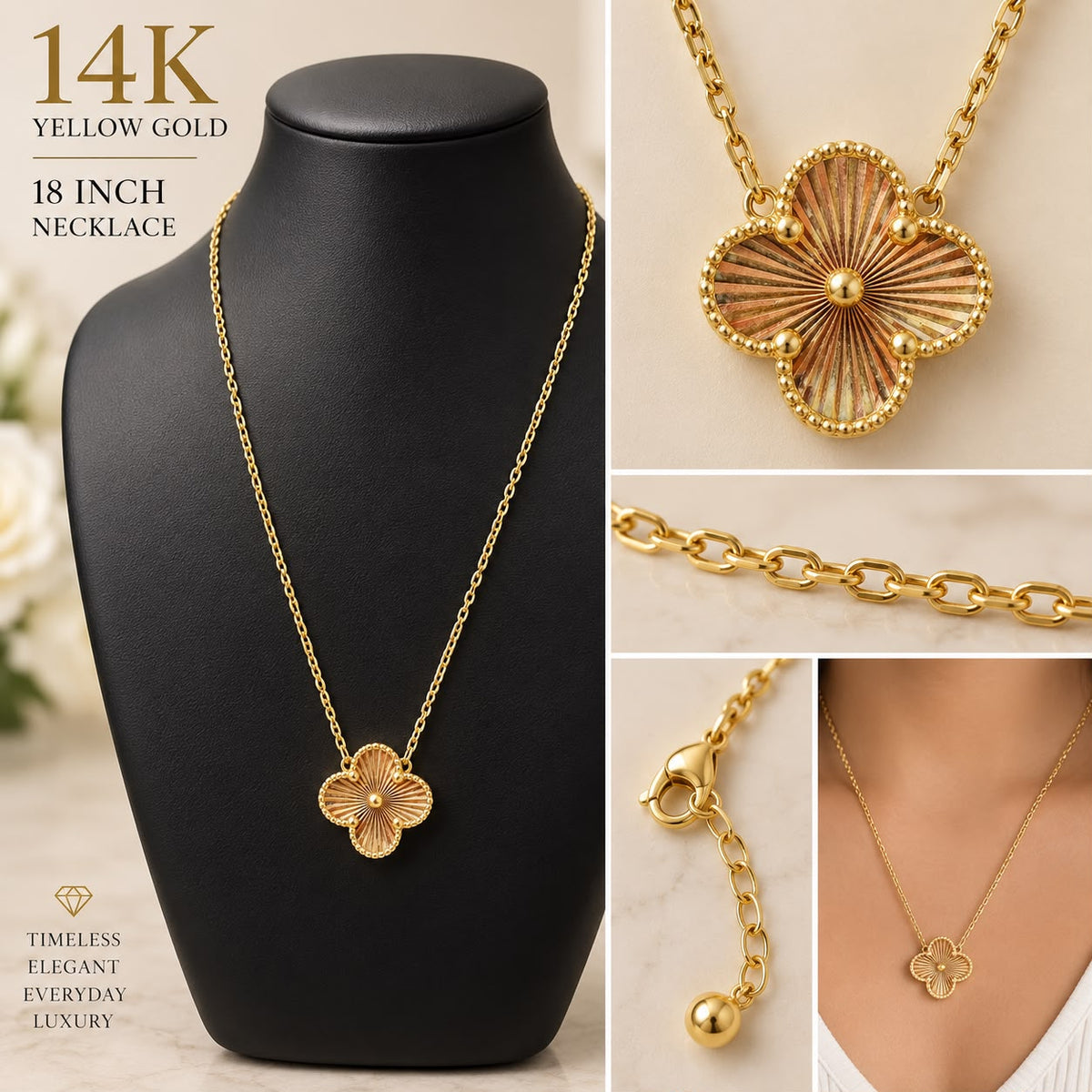14K Yellow Gold 18” Four Leaf Clover Necklace Textured Pendant 5.46g