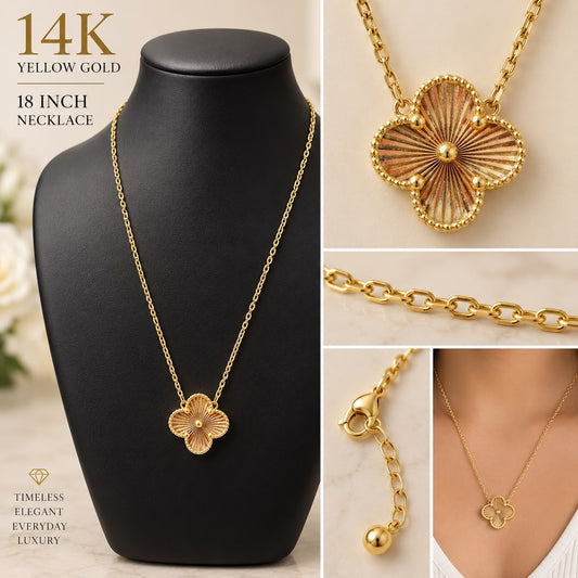 14K Yellow Gold 18” Four Leaf Clover Necklace Textured Pendant 5.46g