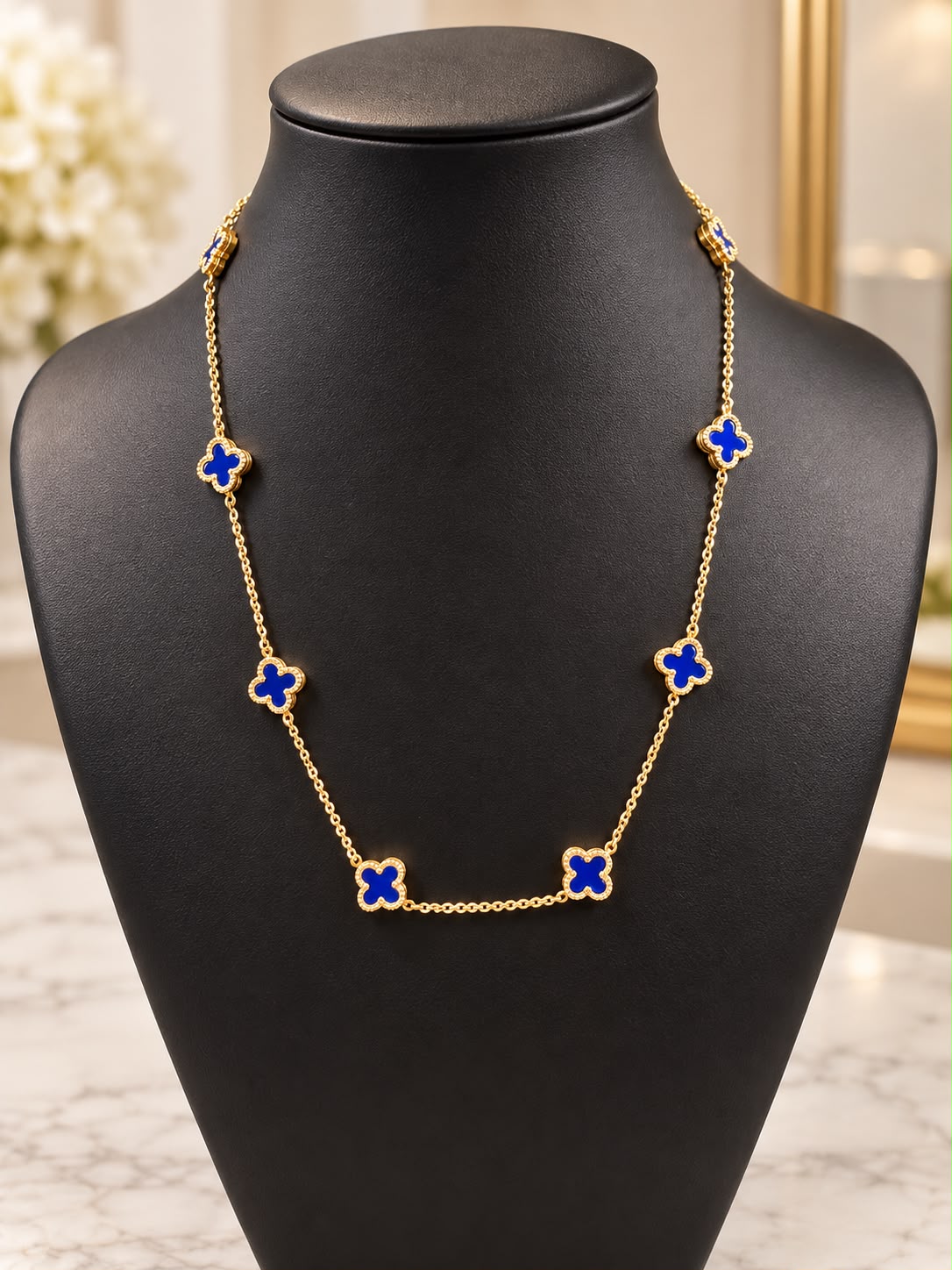 14K Yellow Gold 16” Blue Clover Station Necklace 10.66g