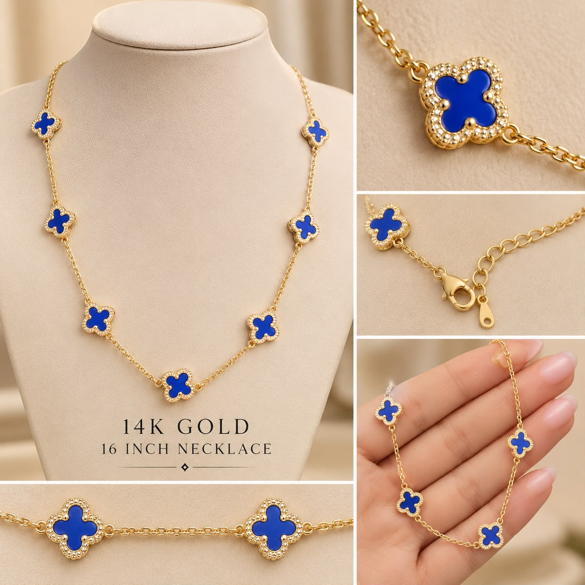 14K Yellow Gold 16” Blue Clover Station Necklace 10.66g