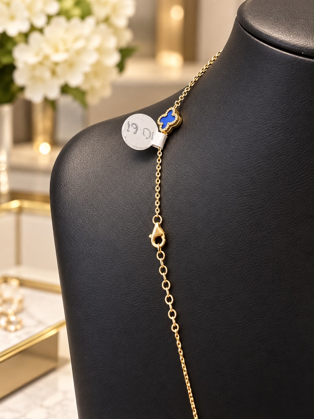 14K Yellow Gold 16” Blue Clover Station Necklace 10.66g