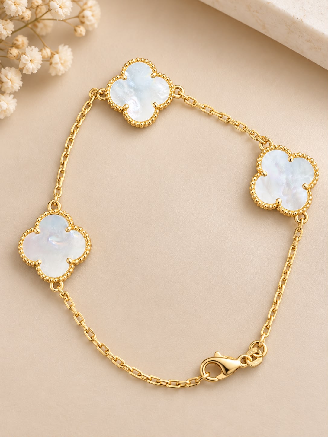 14K Yellow Gold 7” White Clover Flower Station Bracelet 4.37g