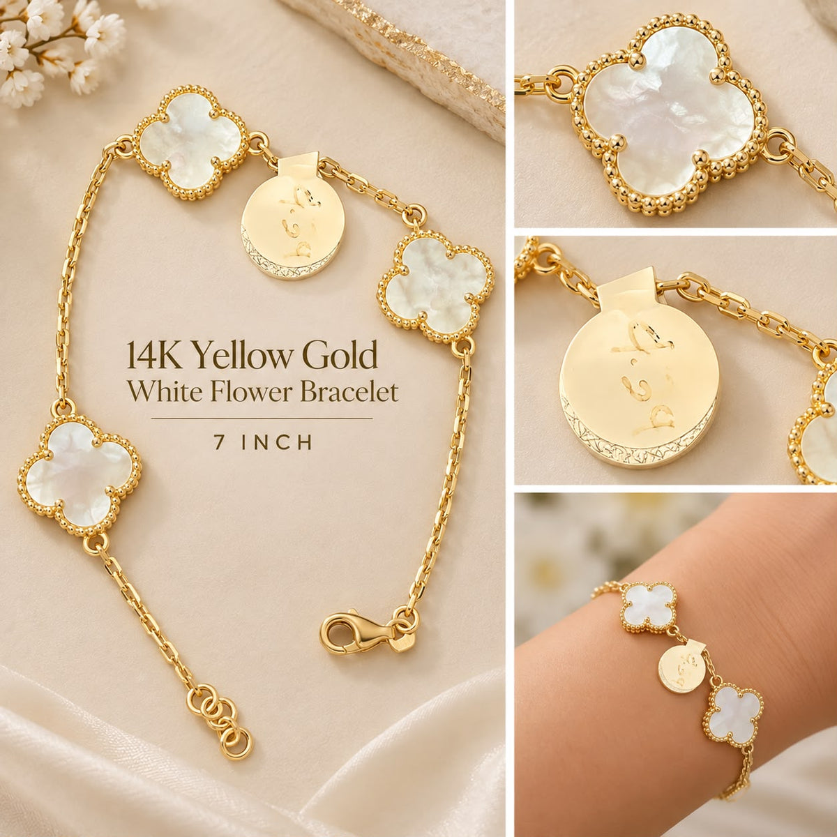 14K Yellow Gold 7” White Clover Flower Station Bracelet 4.37g