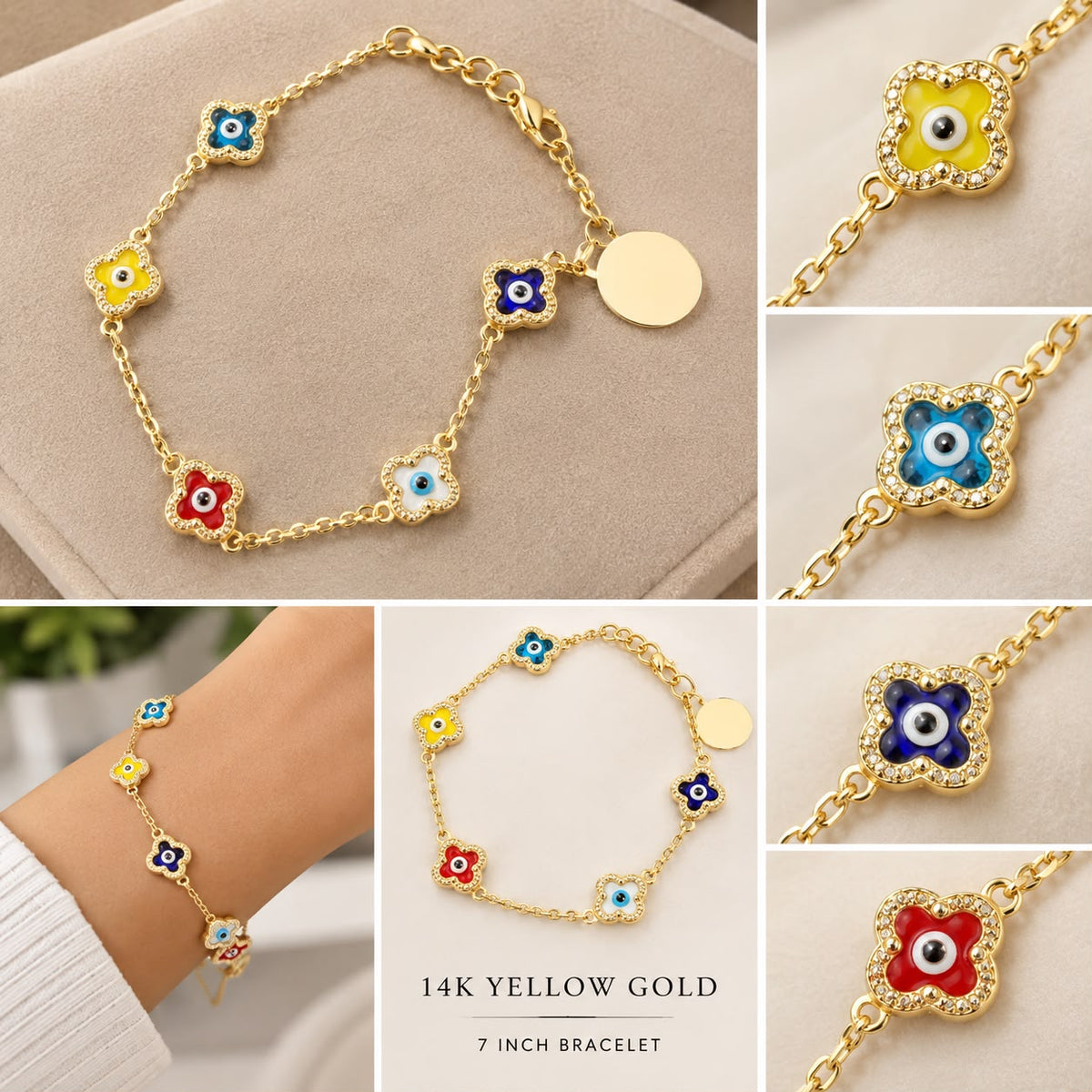 14K Yellow Gold 7” Multicolor Evil Eye Clover Station Bracelet 3.38g