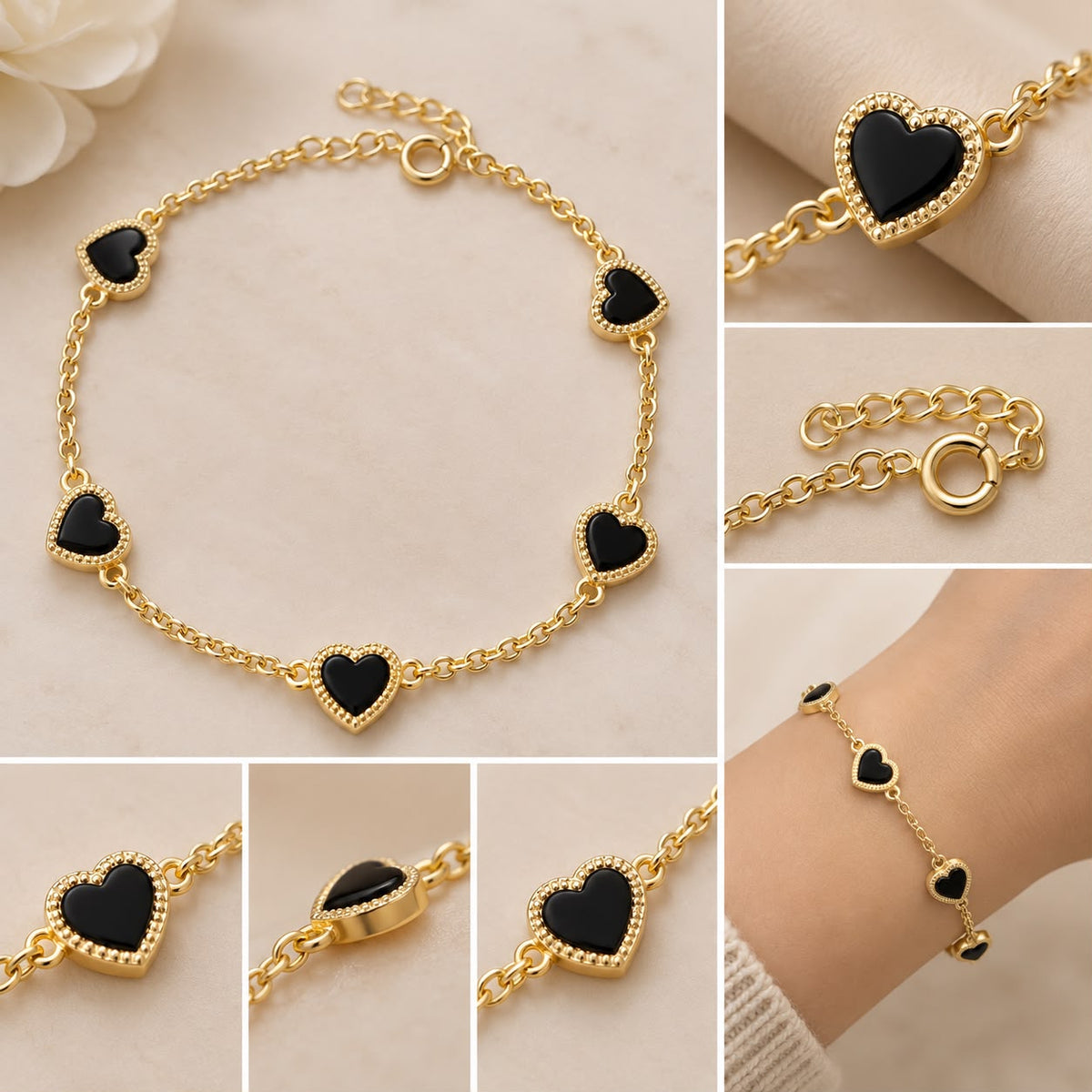 14K Yellow Gold Black Heart Station Bracelet Adjustable 2.7g