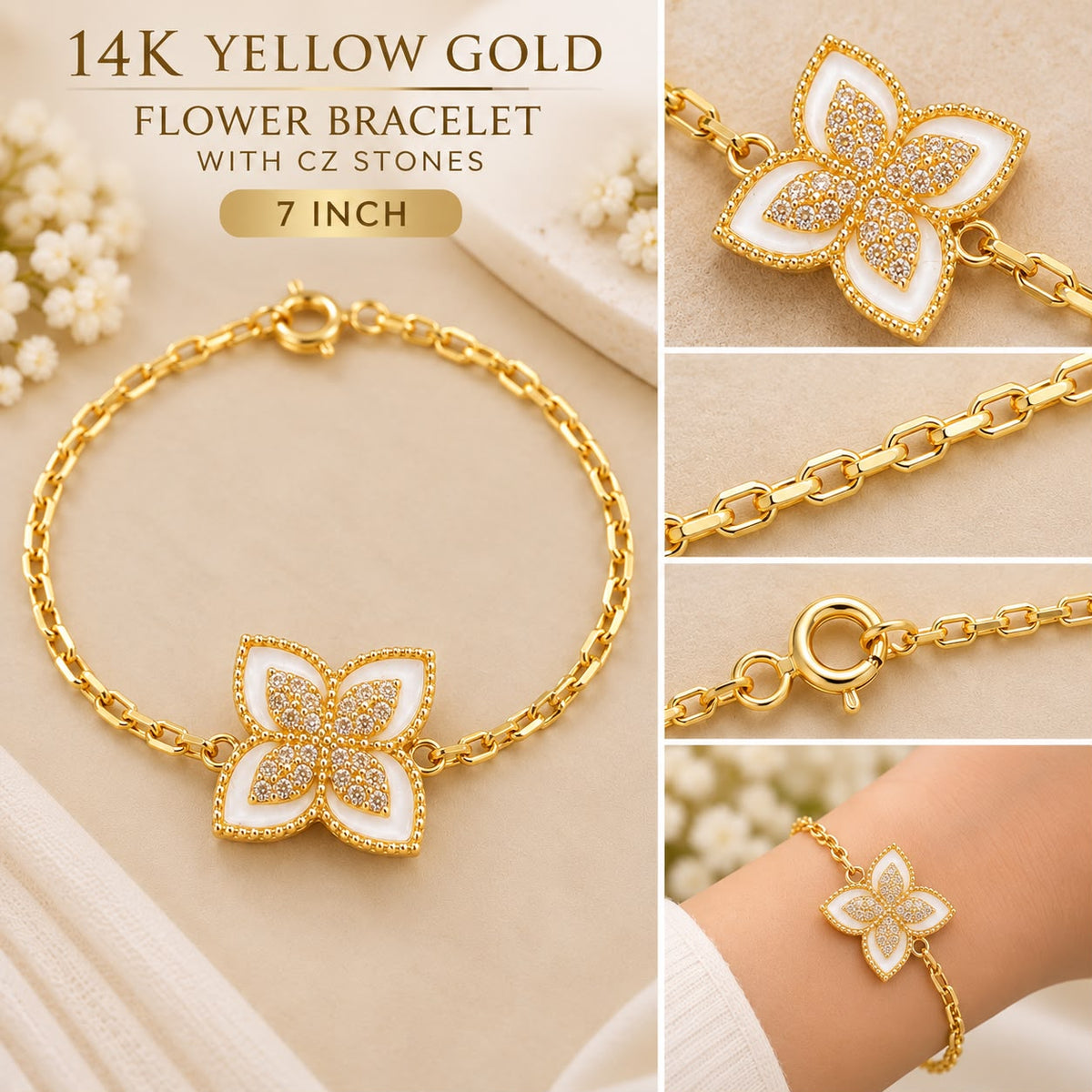 14K Yellow Gold 7” White Flower Bracelet with CZ Stones 3.55g