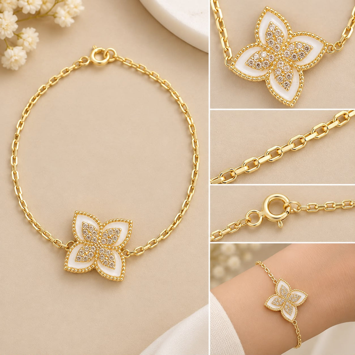 14K Yellow Gold 7” White Flower Bracelet with CZ Stones 3.55g
