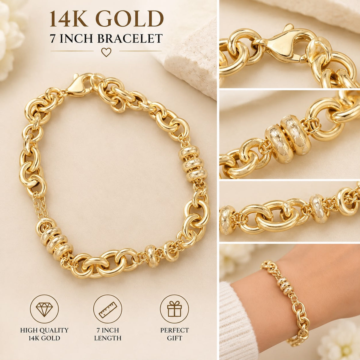 14K Yellow Gold 7” Multi Link Beaded Station Bracelet 5.03g