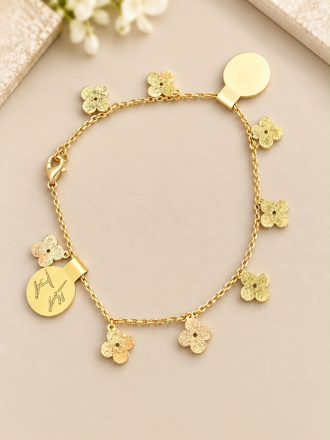 14K Yellow Gold 7” Flower Dangle Charm Bracelet 2.96g