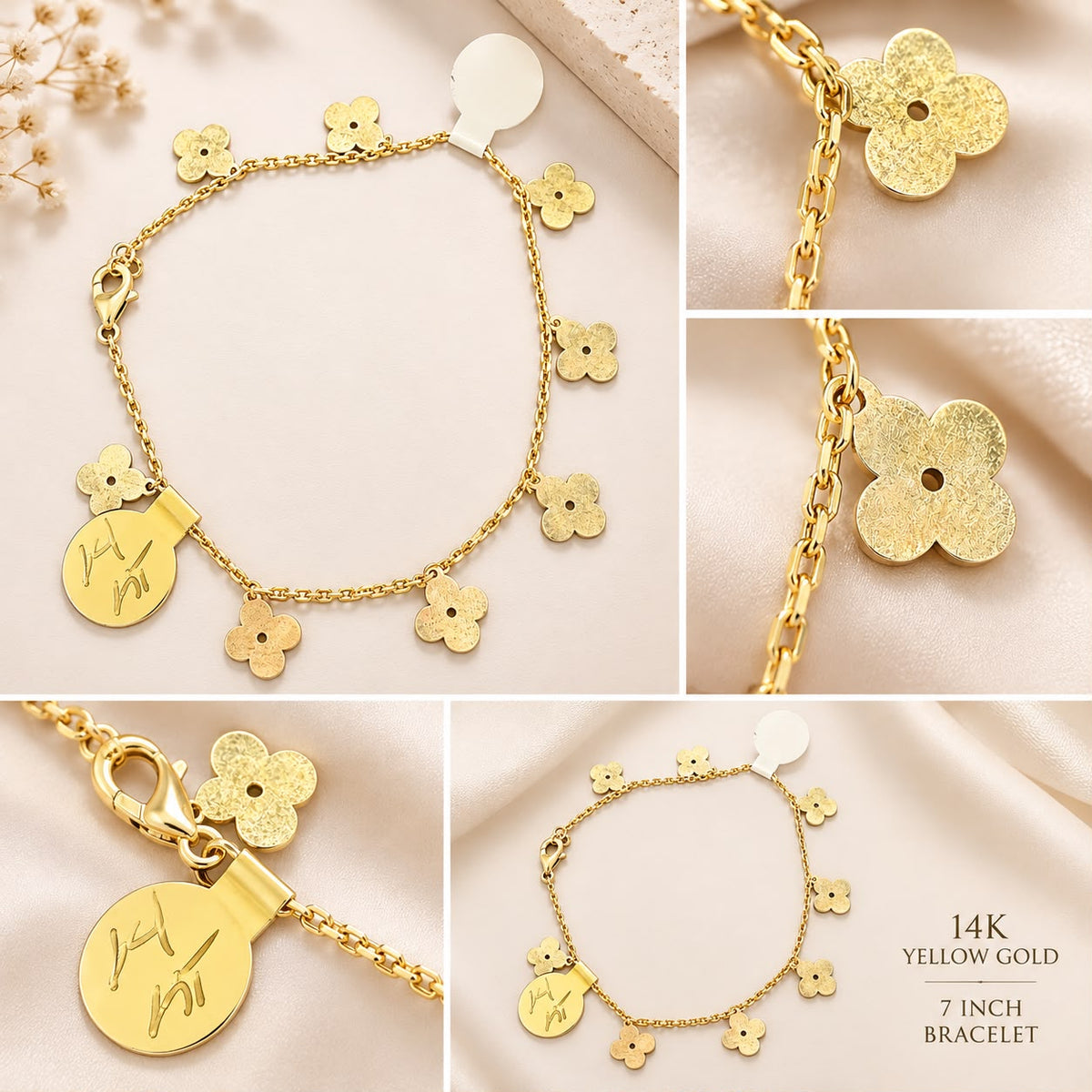 14K Yellow Gold 7” Flower Dangle Charm Bracelet 2.96g