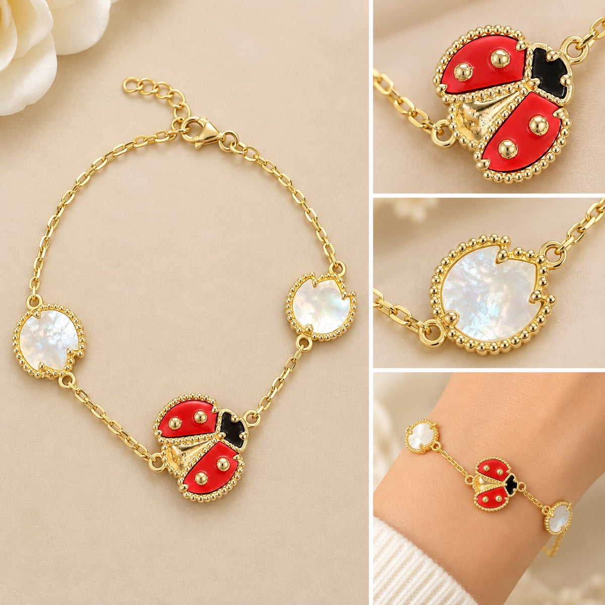 14K Yellow Gold 7” Ladybug Mother of Pearl Station Bracelet 6.80g