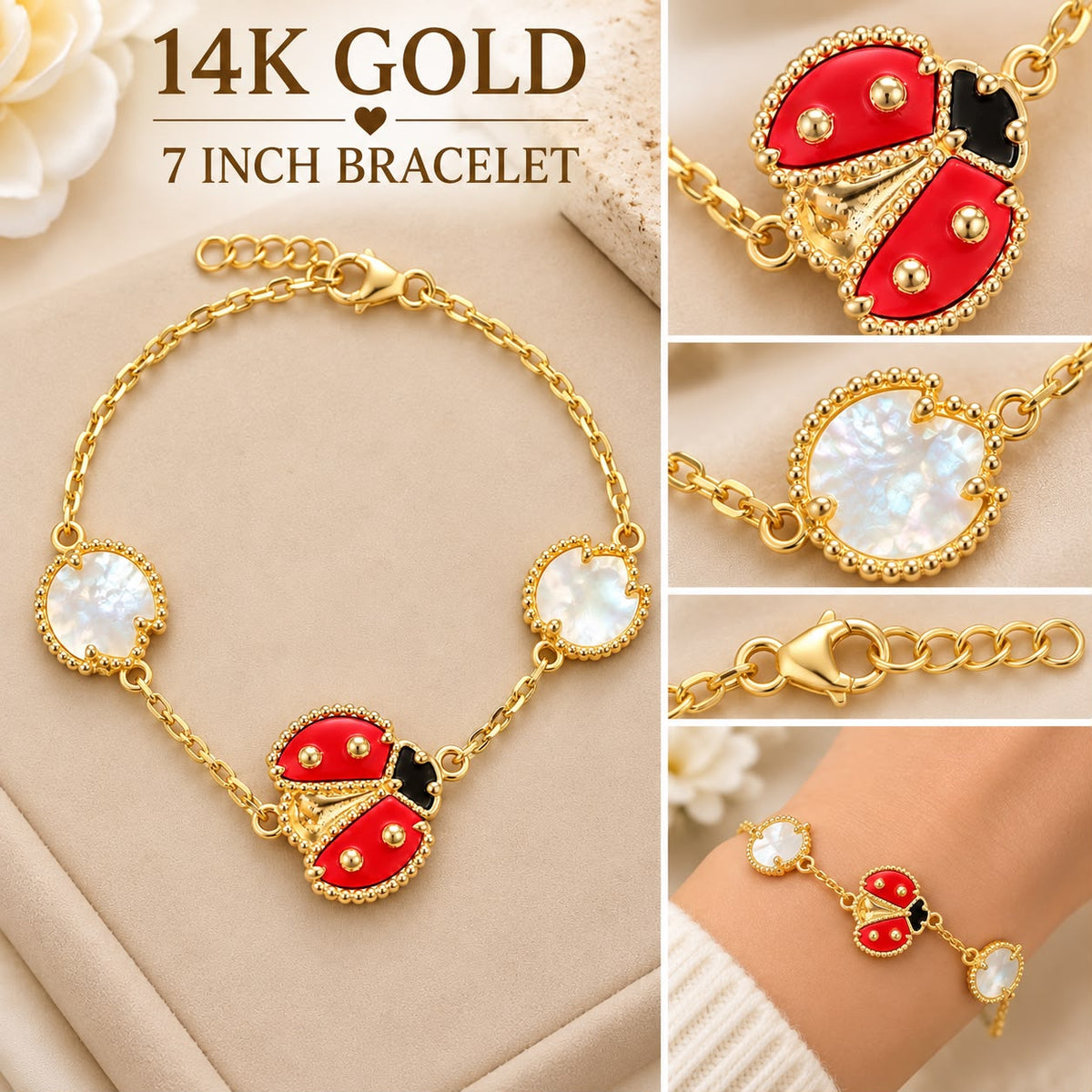 14K Yellow Gold 7” Ladybug Mother of Pearl Station Bracelet 6.80g