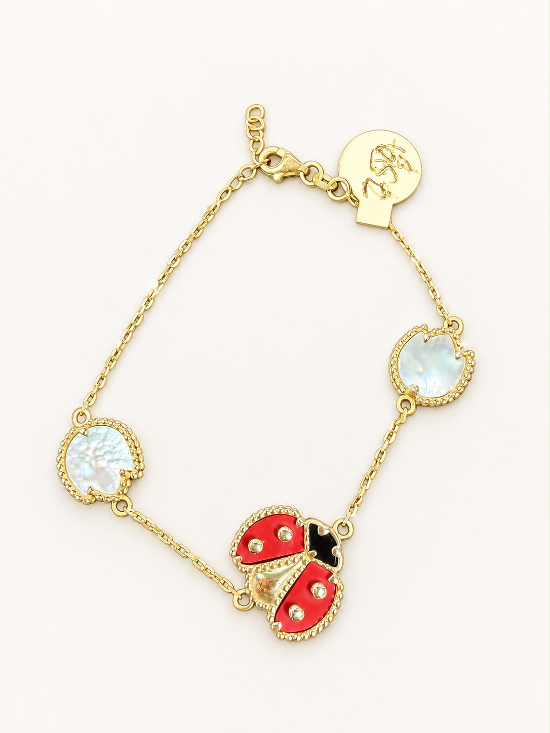 14K Yellow Gold 7” Ladybug Mother of Pearl Station Bracelet 6.80g
