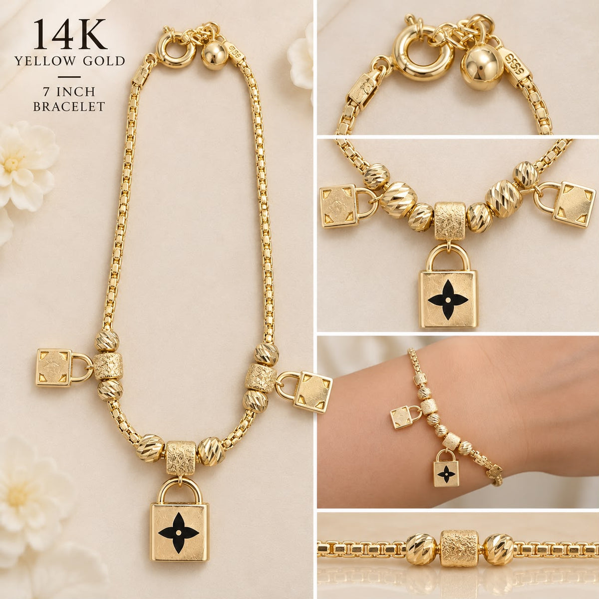 14K Yellow Gold 7” Beaded Lock Charm Bracelet 6.92g