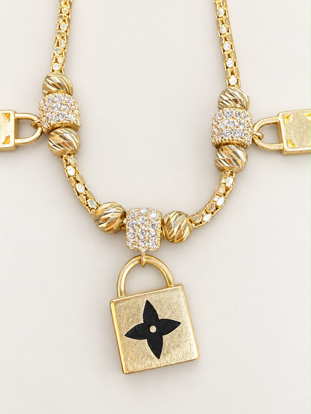 14K Yellow Gold 7” Beaded Lock Charm Bracelet 6.92g