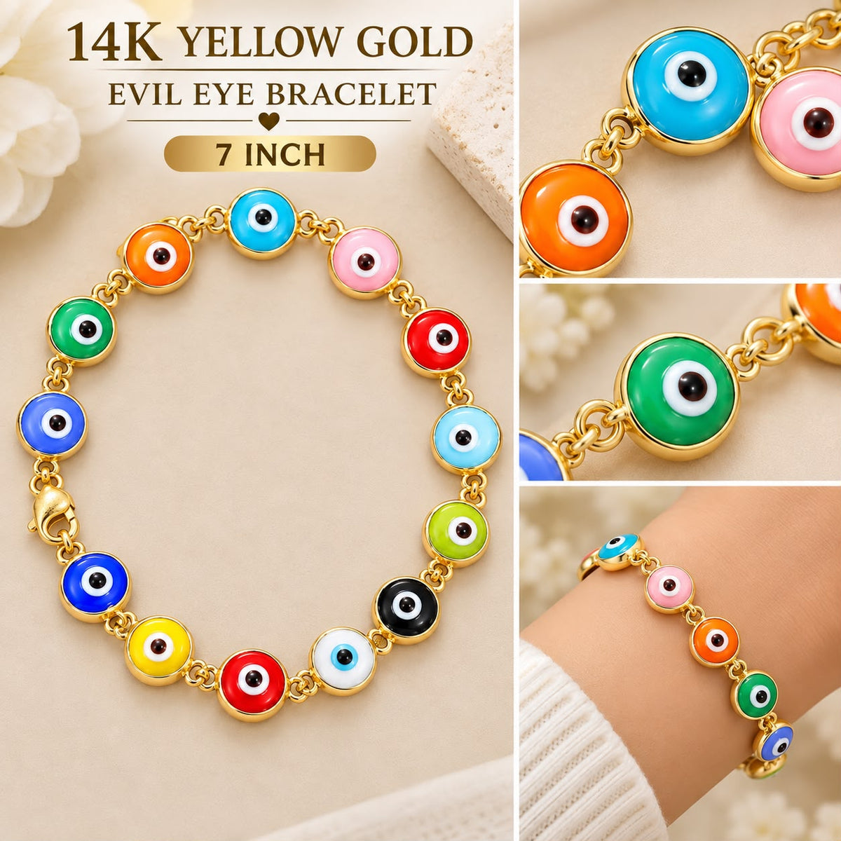 14K Yellow Gold 7” Multicolor Evil Eye Bracelet 5.07g