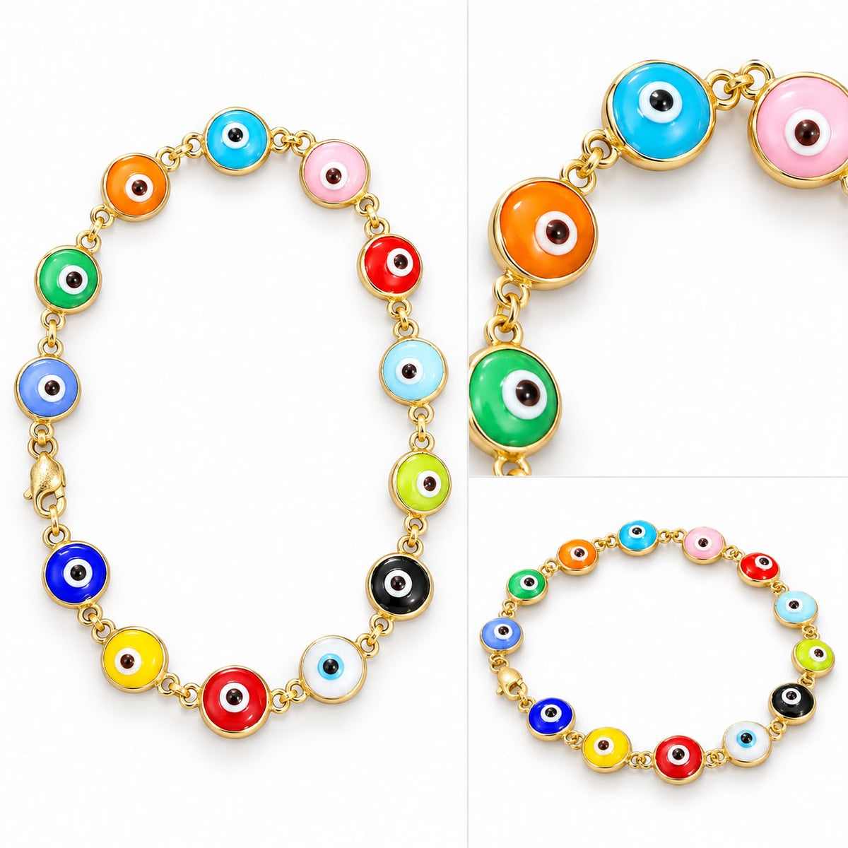 14K Yellow Gold 7” Multicolor Evil Eye Bracelet 5.07g