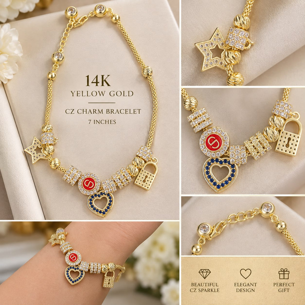 14K Yellow Gold 7” CZ Multi Charm Bracelet Heart Star Lock 9.05g