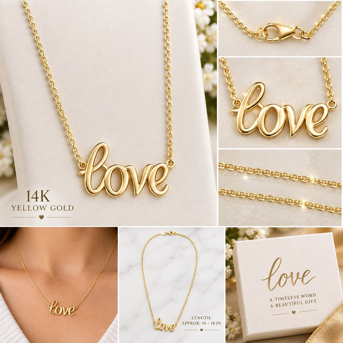 14K Yellow Gold Love Script Pendant Necklace 16-18” 3.71g