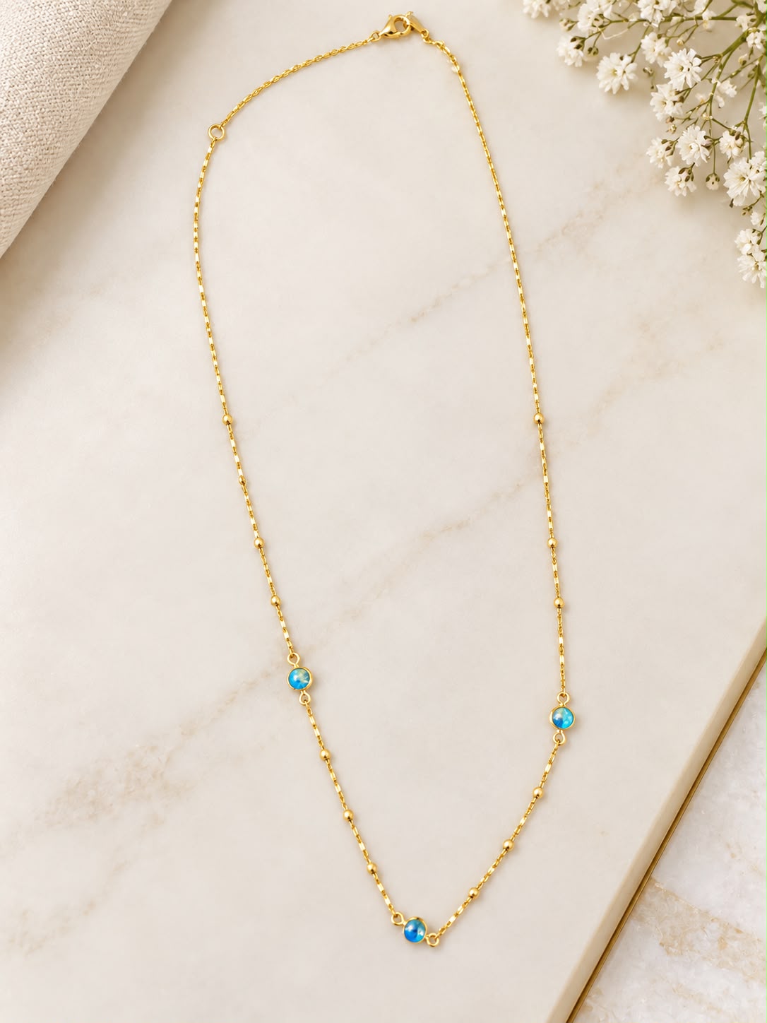 14K Yellow Gold 17” Blue Evil Eye Beaded Station Necklace 1.92g