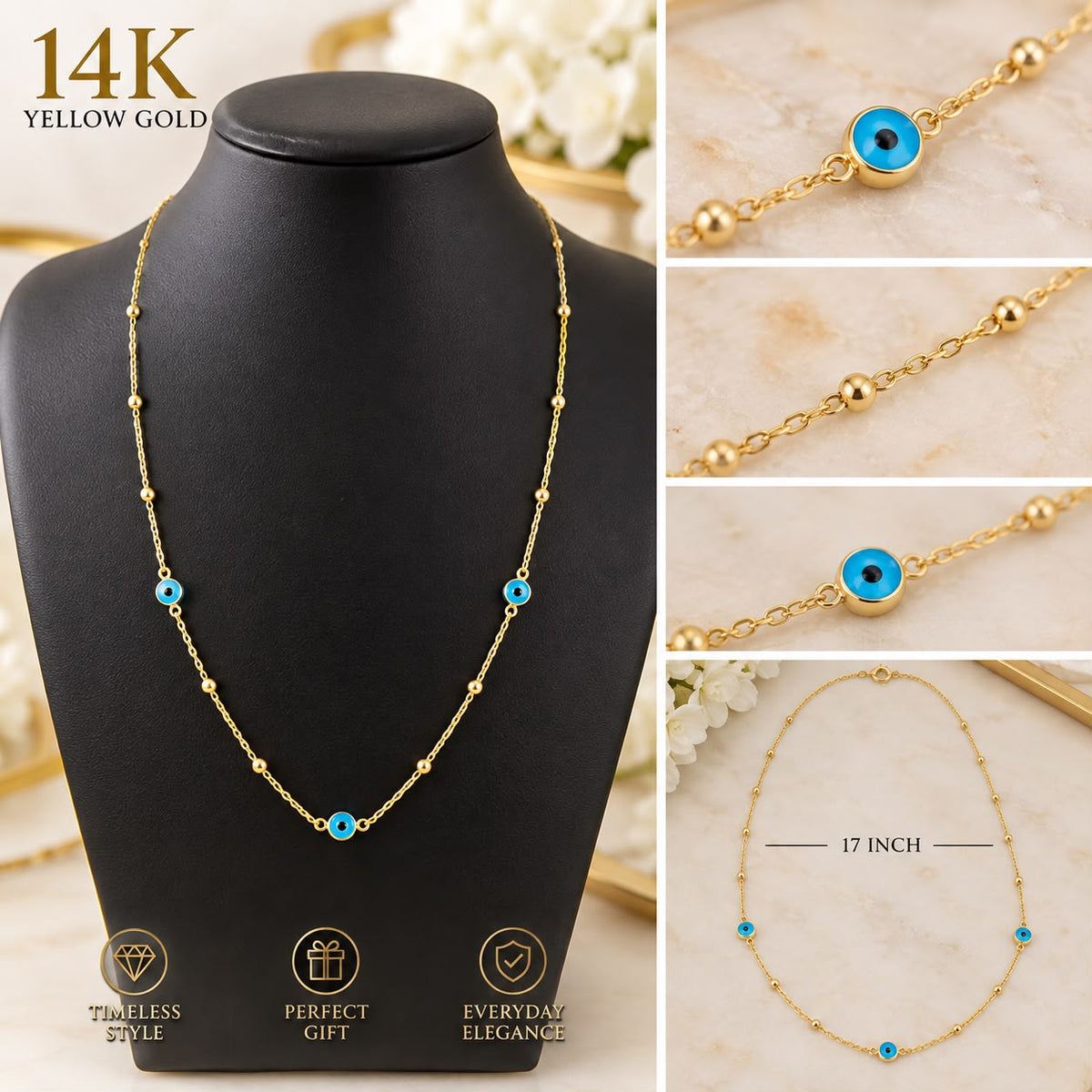 14K Yellow Gold 17” Blue Evil Eye Beaded Station Necklace 1.92g