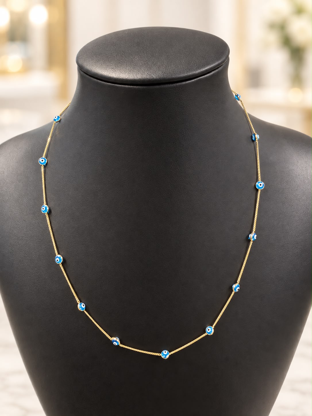 14K Yellow Gold 18” Blue Evil Eye Station Necklace 2.79g