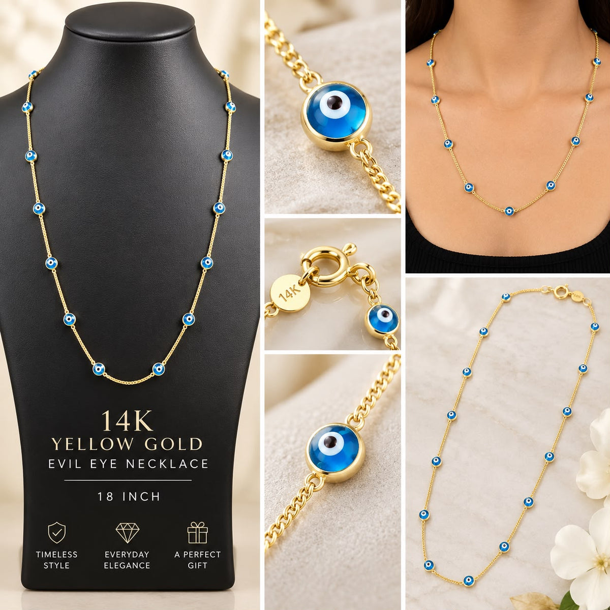 14K Yellow Gold 18” Blue Evil Eye Station Necklace 2.79g