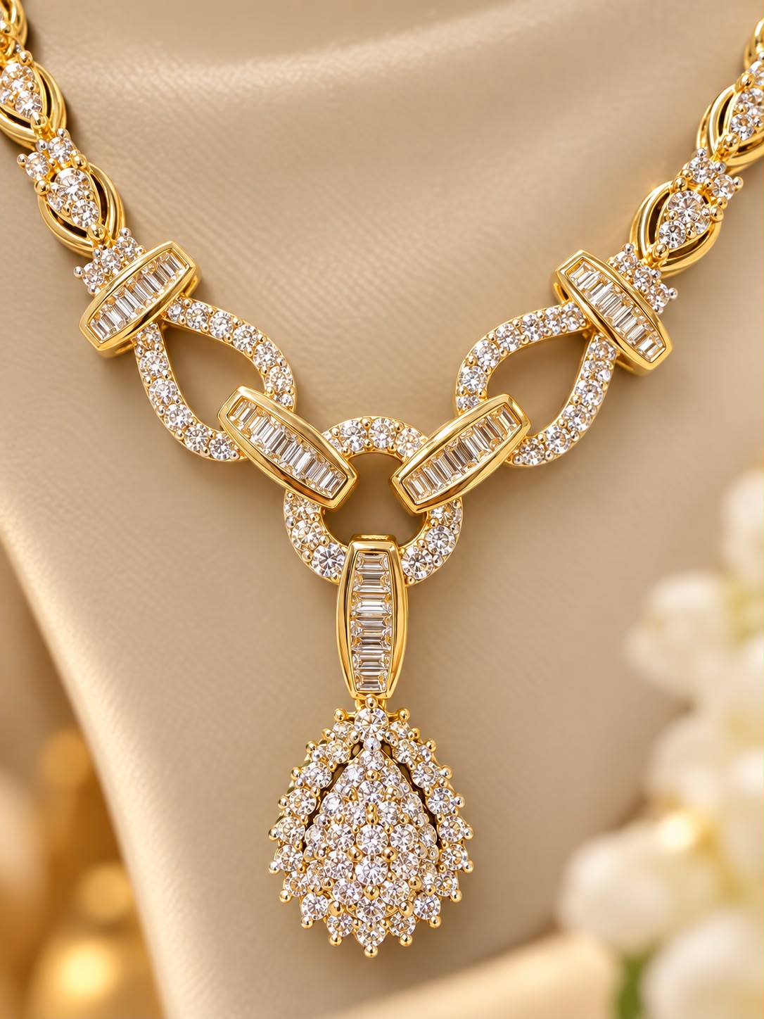 14K Yellow Gold 2.5 CT Diamond 20” Teardrop Pendant Necklace