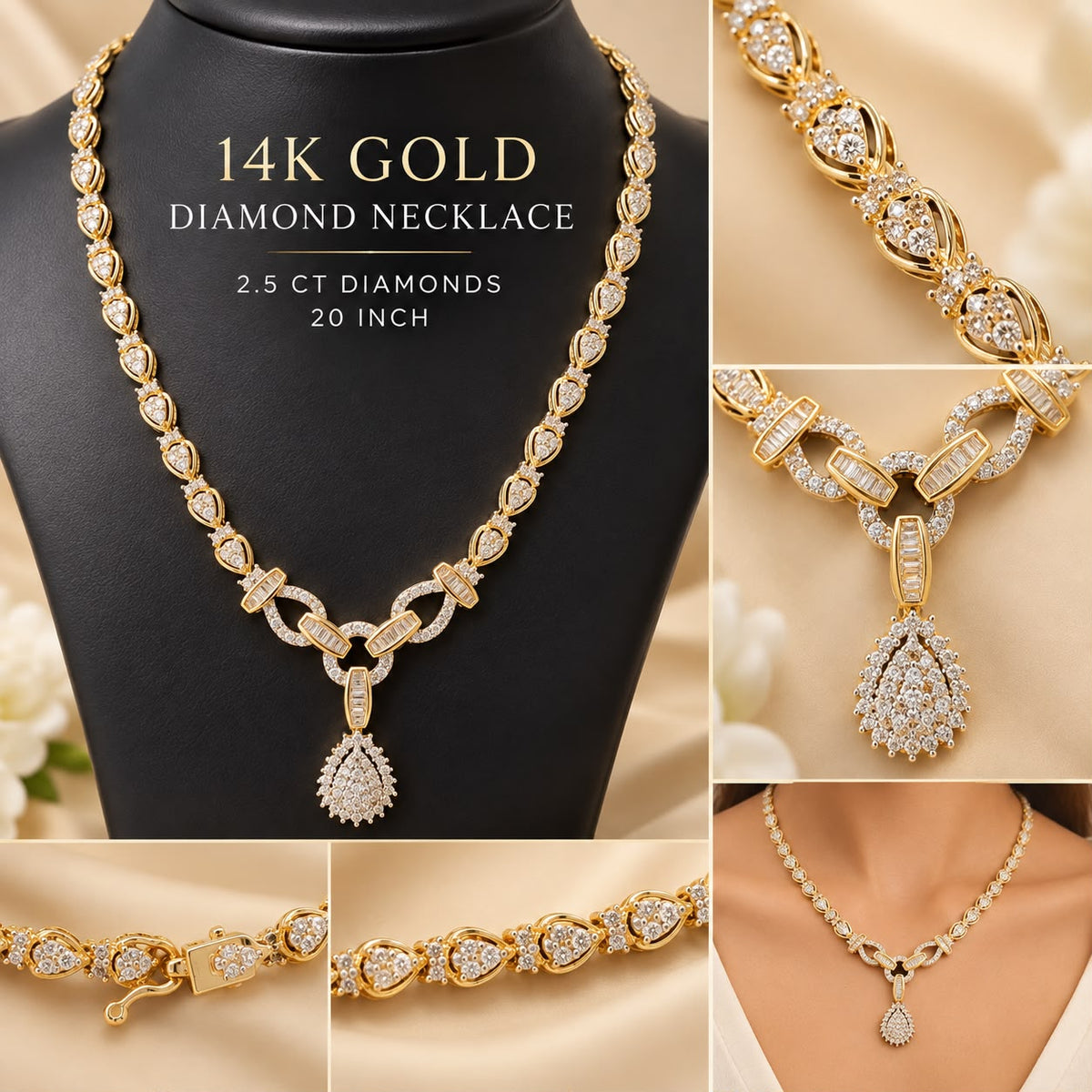 14K Yellow Gold 2.5 CT Diamond 20” Teardrop Pendant Necklace