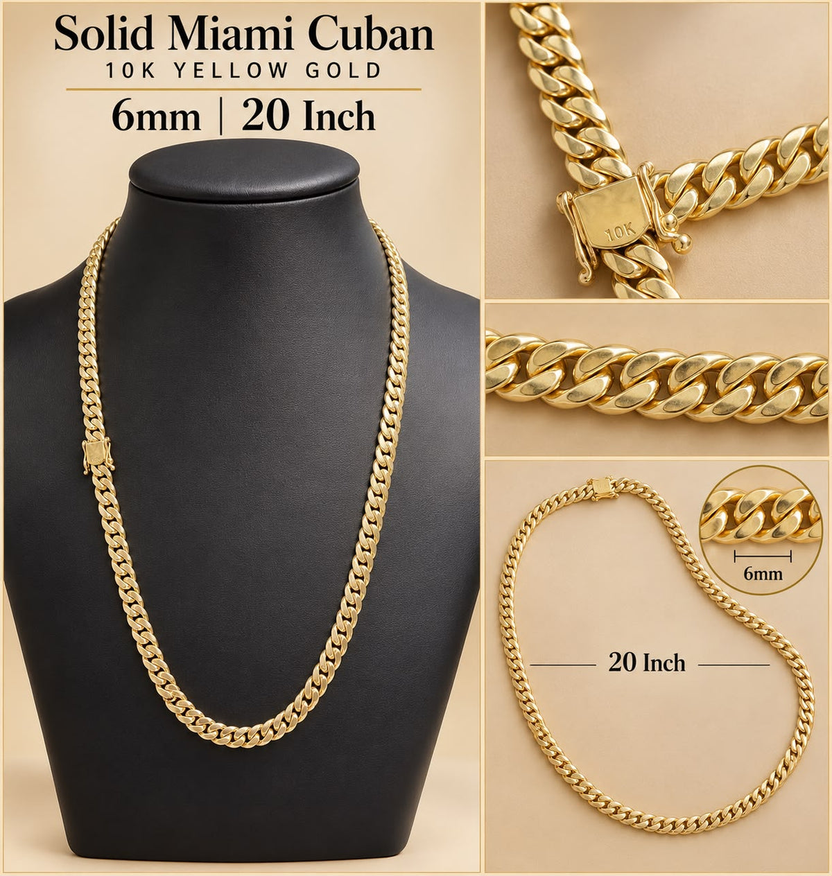 10K Yellow Gold Solid Miami Cuban Link Chain 20” 6mm 36.78 Grams