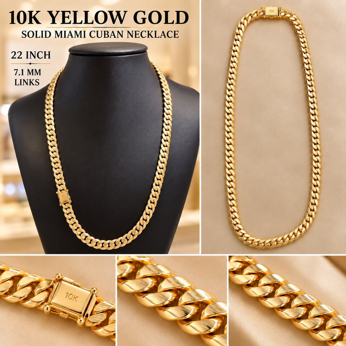 10K Yellow Gold Solid Miami Cuban Link Chain 22” 7.1mm 60 Grams